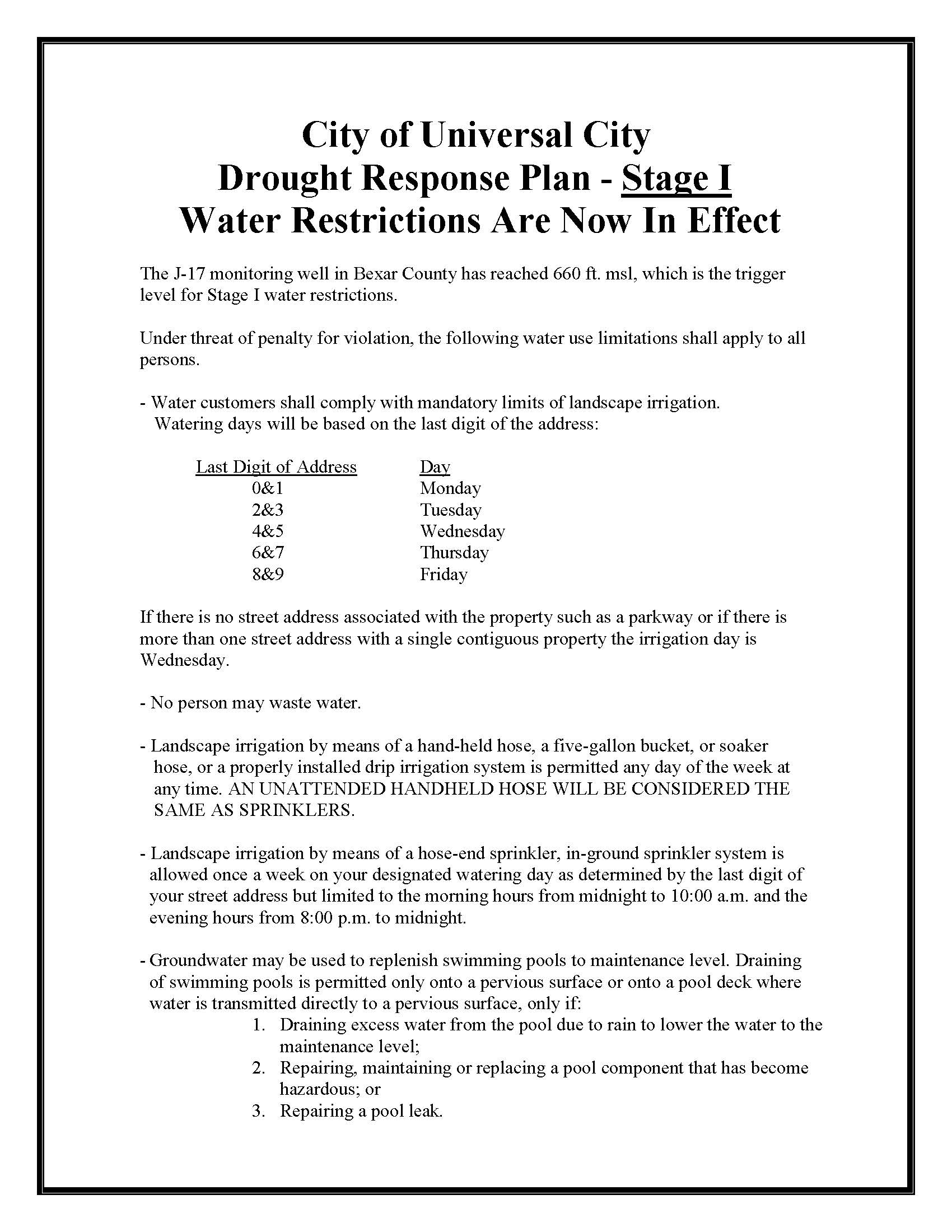 Stage I Water Restrictions Page 1